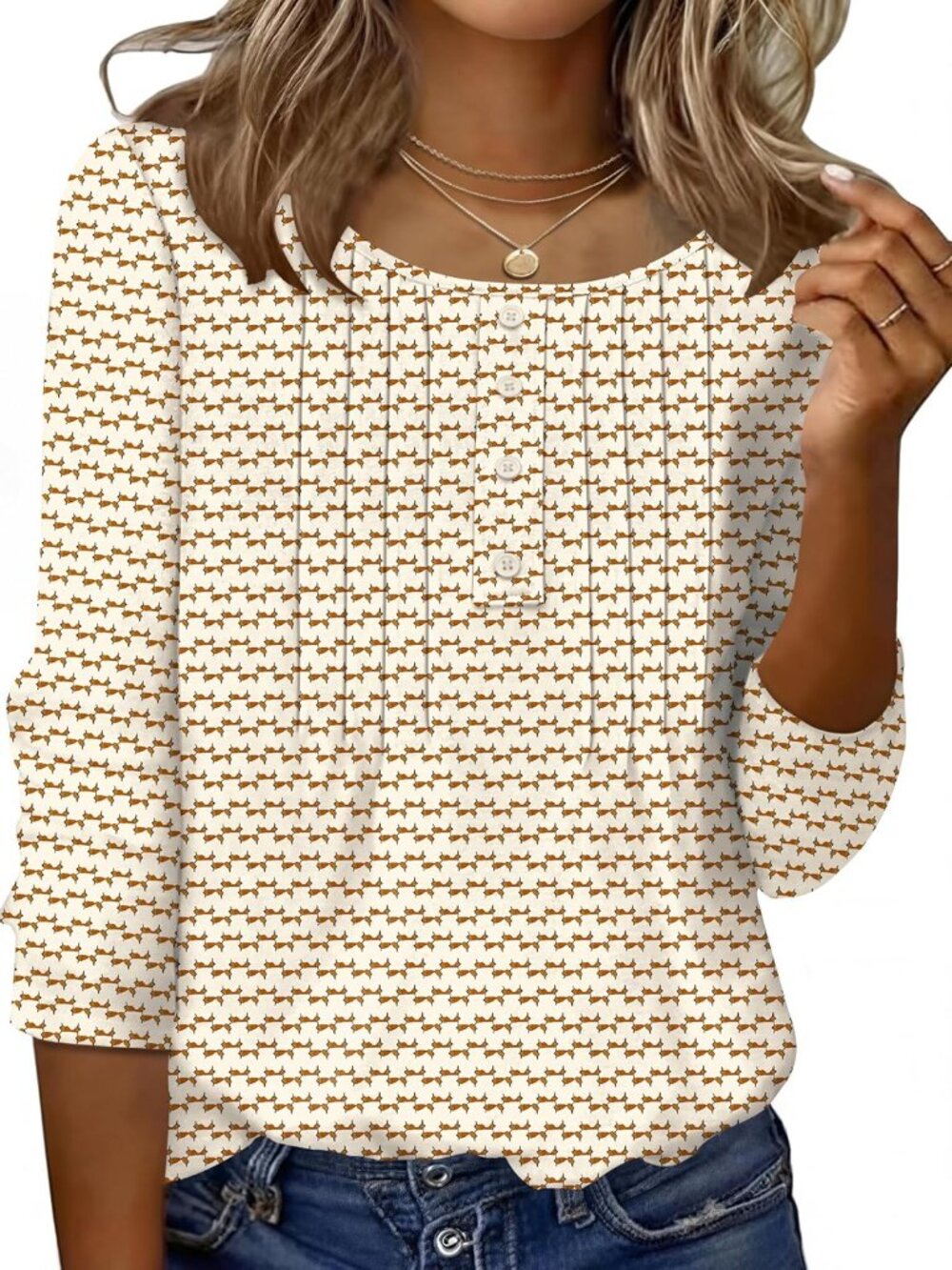 Women's 3/4 Length Sleeve Tops Crewneck Button Pleated Dressy Casual Blouses